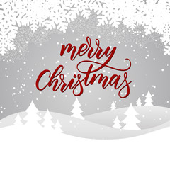 Fototapeta na wymiar Merry Christmas card with winter landscape on grey background. Vector illustration
