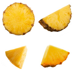 set of slices of pineapple isolated on white background