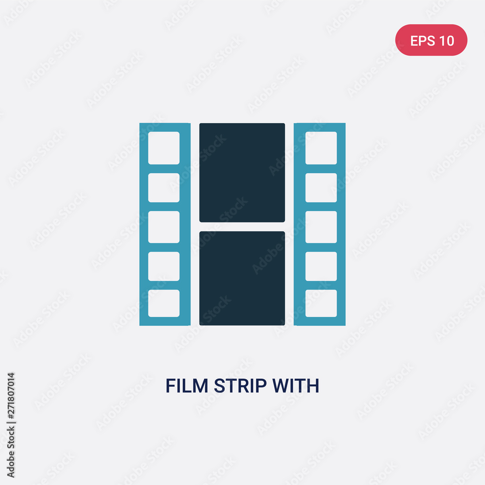 Poster two color film strip with a triangle inside vector icon from user interface concept. isolated blue f