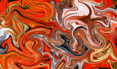 Marble abstract acrylic background. Red marbling artwork texture. Agate ripple pattern. Gold powder.