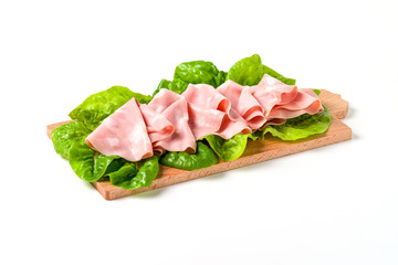 Italian mortadella on cutting board, on a white background