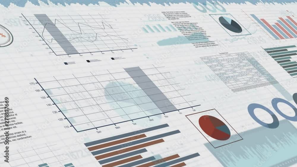 Poster sheets with numbers and financial charts scrolling on screen, concept of business and finance (3d re
