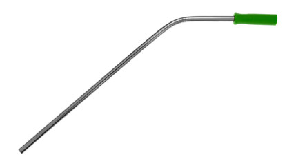 Stainless steel metal straw with a green silicone straw tip on a white background