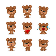 Set of funny little bear in different poses and emotions isolated on white background