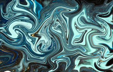 Marble abstract acrylic background. Blue marbling artwork texture. Agate ripple pattern. Gold powder.