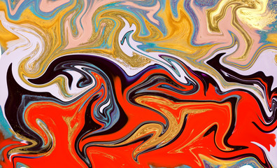 Marble abstract acrylic background. Red marbling artwork texture. Agate ripple pattern. Gold powder.