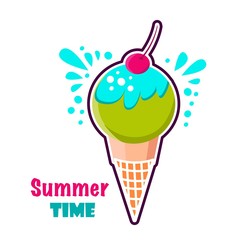 Cute sweet ice cream cartoon illustration. Summer card