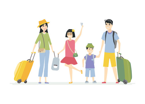 Chinese family going on holiday - cartoon people characters illustration
