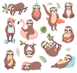 Cute sloth set, funny vector illustration for print, posters, sticker kit. - obrazy, fototapety, plakaty