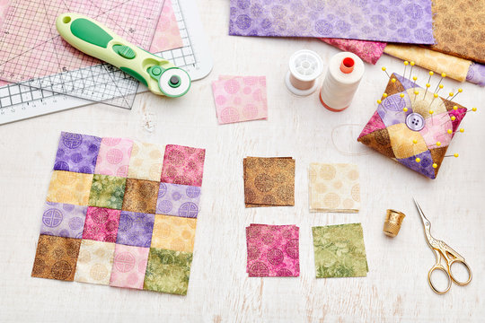 Bright Square Pieces Of Fabric, Patchwork Tools, Sewing Equipment, Traditional Quilting
