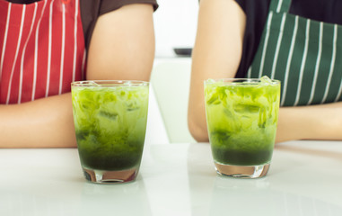 Closeup two glases of green tea