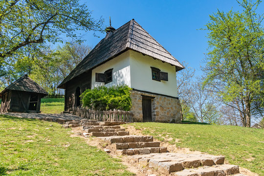 Trsic, Serbia - April 21, 2019: Birth house of Vuk Stefanovic Karadzic in Trsic, Serbia. He was a Serbian philologist and linguist who was the major reformer of the Serbian language.