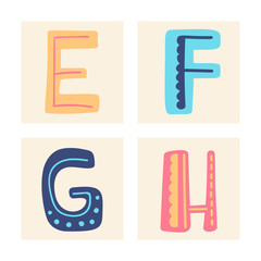 Cute colorful alphabet with textural stroke. Hand letters Upper letterswith doodle patterns. Cute funny letters E F G H for children's books, cards, banners, clothes end holiday and birthday.