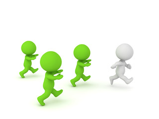 3D Three green zombies chasing a human