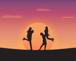 Silhouette happy young people of sunset background