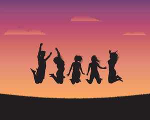 Fototapeta na wymiar Silhouette happy young people of sunset background