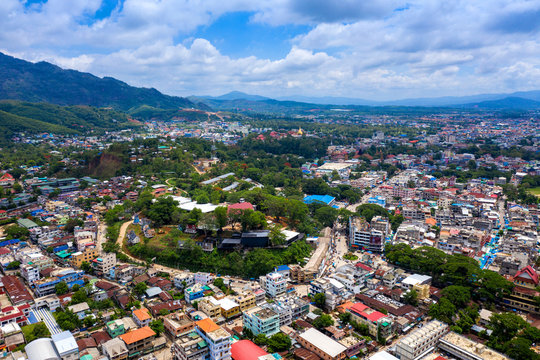 Aerial view of border market at Mae sai in Thailand and Shan State of Myanmar.