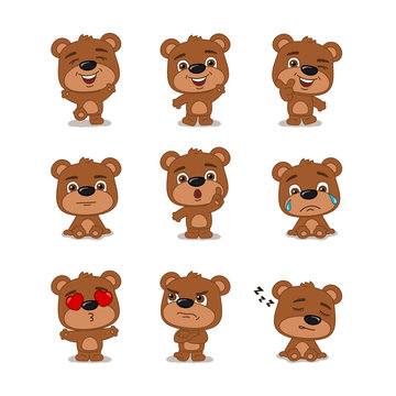 Collection of funny little bear in different poses and emotions isolated on a white background