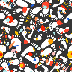 Seamless pattern with footprint and blots paint. Traces of people - men, women, children. Abstract hand painted repeat texture with colorful blots of paint - Vector