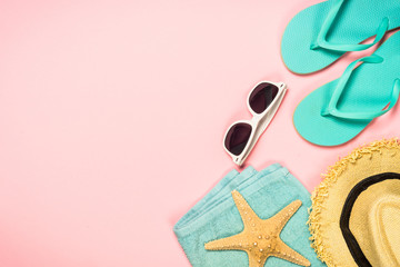 Summer travel holiday vacation background flat lay.