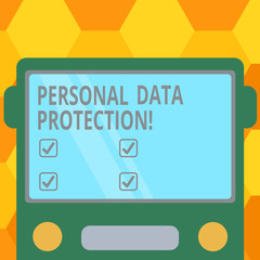 Handwriting text Personal Data Protection. Concept meaning Keeping secure the demonstratingal data information Drawn Flat Front View of Bus with Blank Color Window Shield Reflecting