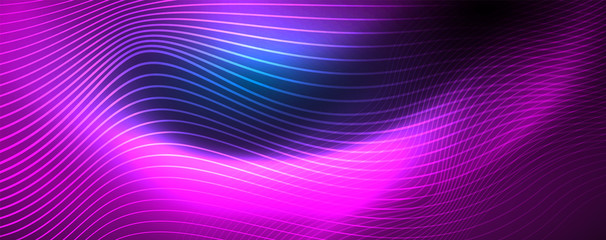 Smooth wave lines on blue neon color light background. Glowing abstract wave on dark, shiny motion, magic space light