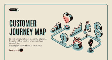 Customer journey map banner. Process of purchasing decision, buyer make purchase moving by specified route, promotion, search website. 3d isometric vector illustration, line art, landing page template