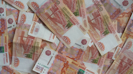 The Russian five-thousandth banknotes closeup shot
