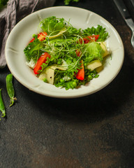 salad vegetables - tomato, lettuce, cheese, microgreen and salad dressing. food background. top