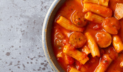 Sausage rotini in a bowl top close view
