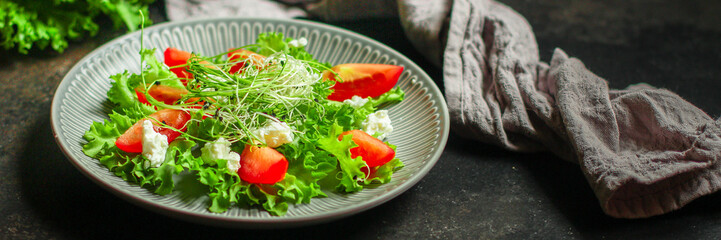 salad vegetables - tomato, lettuce, cheese, microgreen and salad dressing. food background. top