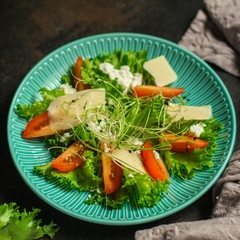 salad vegetables - tomato, lettuce, cheese, microgreen and salad dressing. food background. top