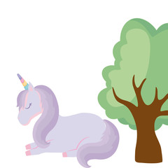 cute unicorn animal with tree plant