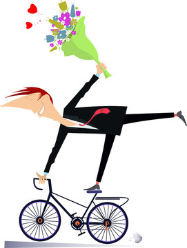 Romantic young man rides on the bike isolated illustration. Smiling man with a bunch of flowers rides on the bike and looks happy isolated on white illustration
