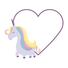 cute unicorn animal with frame in shape heart