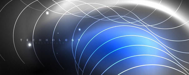 Shiny neon lights, dark abstract background with blurred magic neon light curved lines