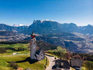 Church in Renon Ritten bolzano Alps Italy. Aerial view