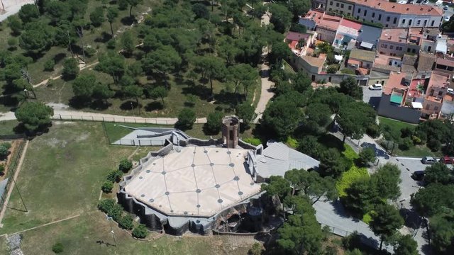 Barcelona. Aerial view in Colonia Guell and Cripta Gaudi. Santa Coloma de Cervello.Spain. 4k Drone Video