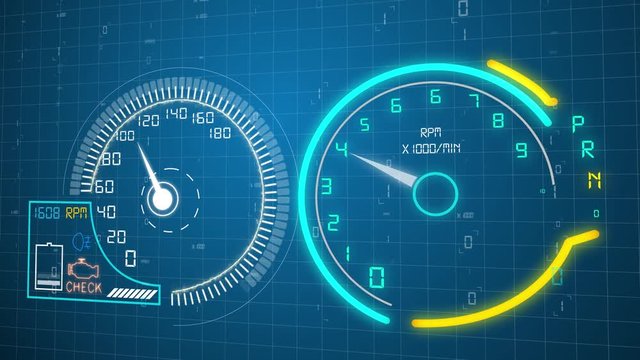 Speedometer and tachometer in work, Speed car sport dial, fantastic instrument panel.
