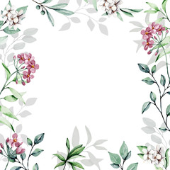 Fototapeta na wymiar Greeting card template, watercolor leaf and flowers. Frame border, floral background hand painted. Summer design isolated on white.