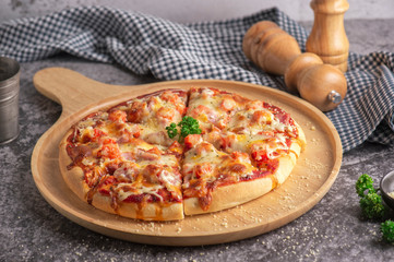 Slice of pizza cheese crust seafood topping sauce. with bell pepper vegetables delicious tasty fast food italian traditional