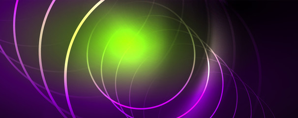 Shiny neon lights, dark abstract background with blurred magic neon light curved lines