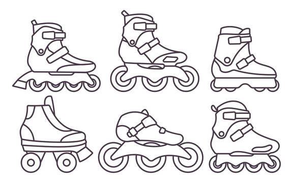 Set of Inline Roller Skates icons isolated on white background. Outline vector illustration