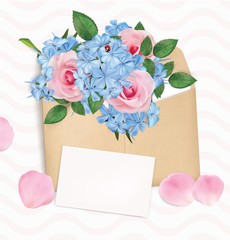 Gift envelope with a bouquet of roses and phloxes. Vector illustration - 271819290