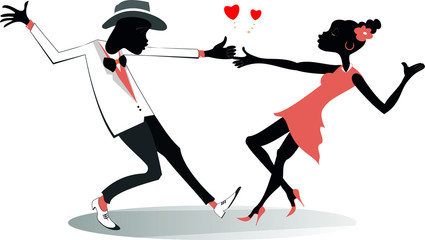 Romantic dancing young African couple isolated illustration.  Funny dancing young African man and woman and heart symbols isolated on white illustration