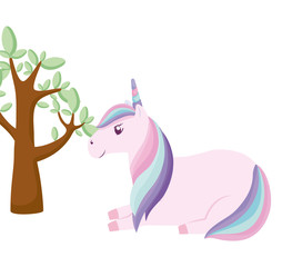 cute unicorn animal with tree plant
