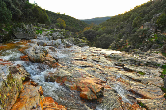 Waterfall of La Batanera or "Chorrera de los Batanes" near Fuencaliente village in Natural Park Valley of Alcudia and Sierra Madrona , province of Ciudad Real, Castilla la Mancha, Spain