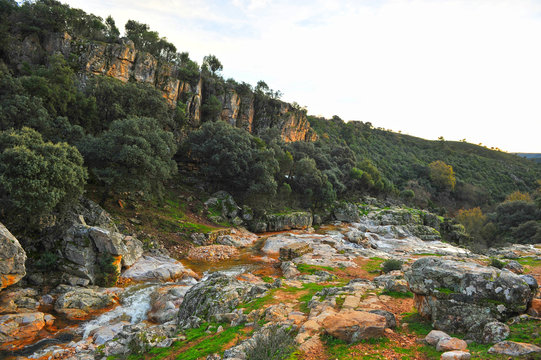 Waterfall of La Batanera or "Chorrera de los Batanes" near Fuencaliente village in Natural Park Valley of Alcudia and Sierra Madrona , province of Ciudad Real, Castilla la Mancha, Spain