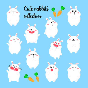 Collection of vector cartoon rabbits. Funny stickers. Cute Doodle Background. Template for print, web design. Emoji set