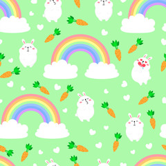 Seamless pattern with cartoon cute rabbits. Vector illustration. Easter concept. Fun holiday background. Wild nature